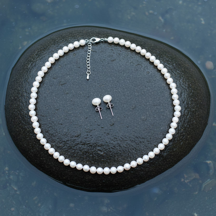 Zoetwater parel set bestaande uit een parelketting en parel oorbellen met witte parels en sterling zilver (925) liggend op steen in water | set Bella (KO)