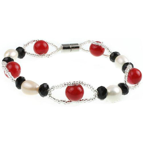 Wit zoetwater parel armband met rode en zwarte glaskristallen en magneetslot | Santa
