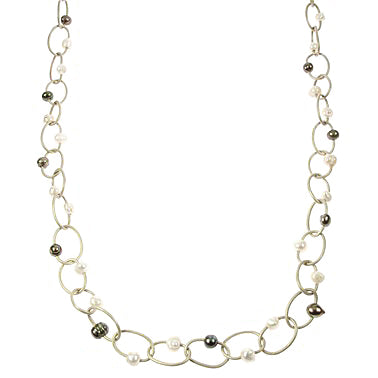 Lange parelketting met witte en bruine parels en leer | Leather Pearl Oval Long