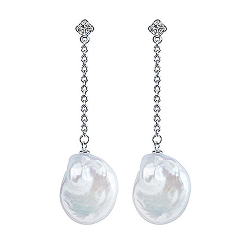 Lange witte zoetwater parel oorbellen met witte coin parel, stras steentjes en sterling zilver 925 | Bling Dangling Coin Pearl