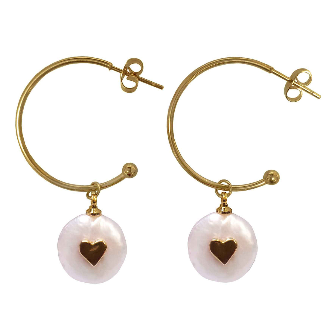 Grote zoetwater parel oorringen met witte parels met hartjes en goud edelstaal | Golden Hope 25 mm Love Pearl
