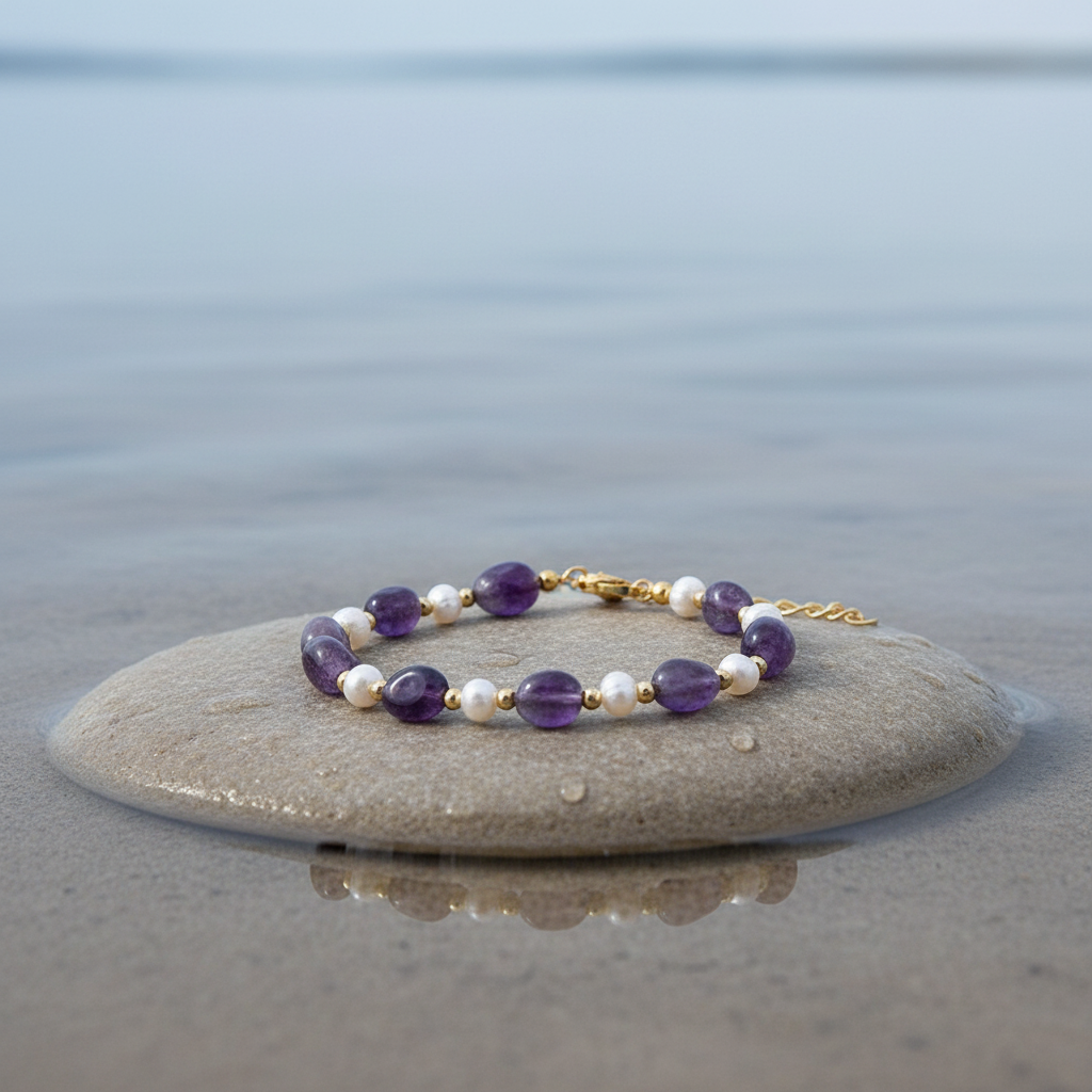 Amethyst Pearl Gold armband aan de waterkant