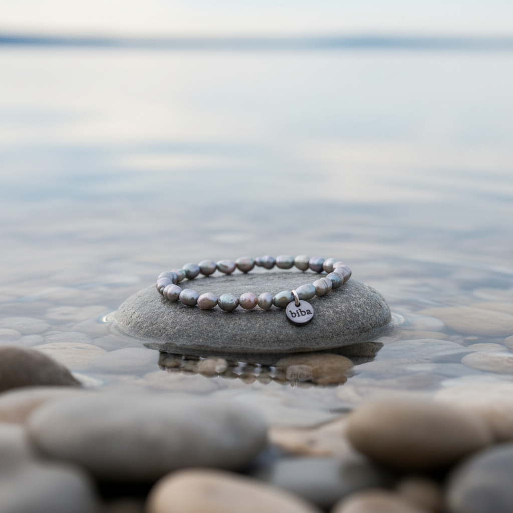 Biba Grey Rice Pearl armband aan de waterkant