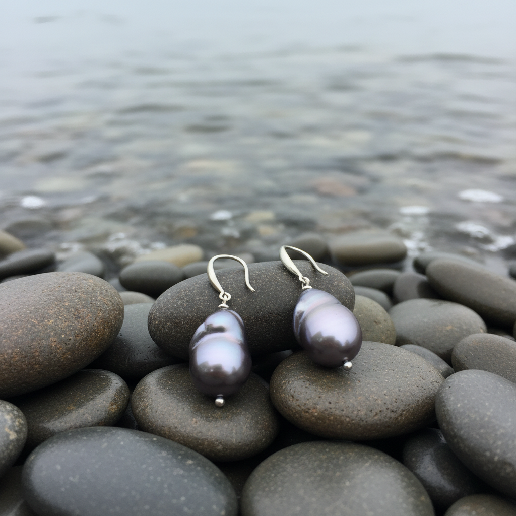 Big Dangling Nucleated Taupe Pearl op stenen