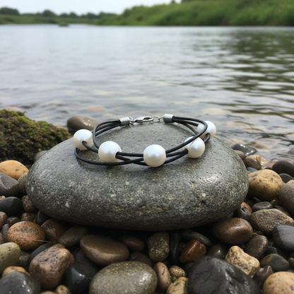 Black Leather 5 Pearl armband bij water