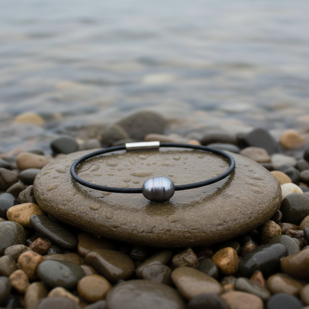 Black Leather Pearl Grey armband bij water