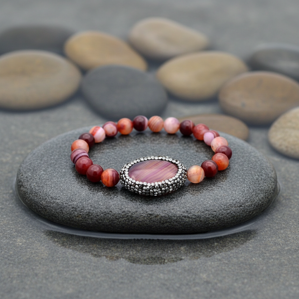 Bling Oval Red Striped Agate armband - verbeterde versie op grijze natte steen