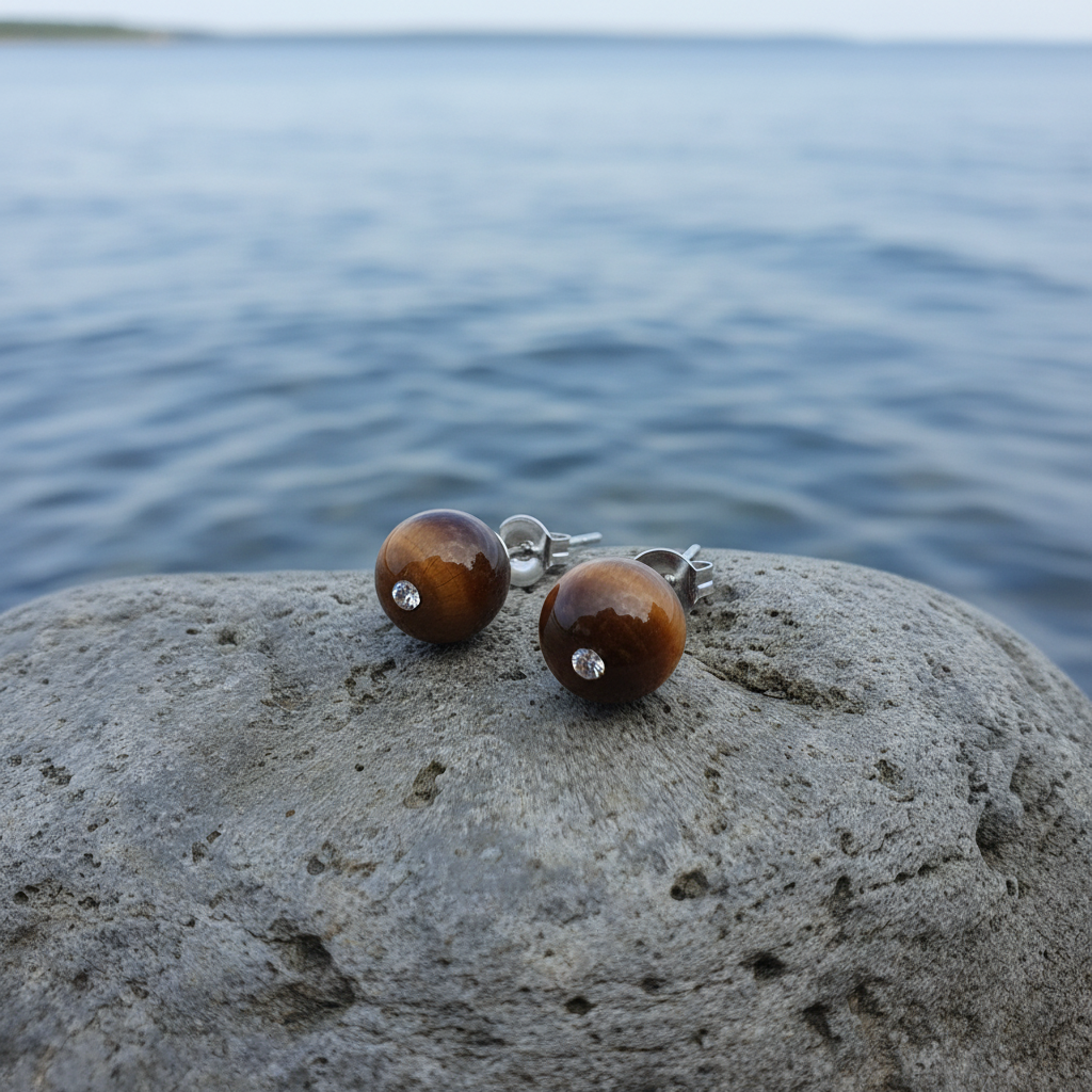 Bling Tiger Eye oorbellen vooraanzicht op grijze steen