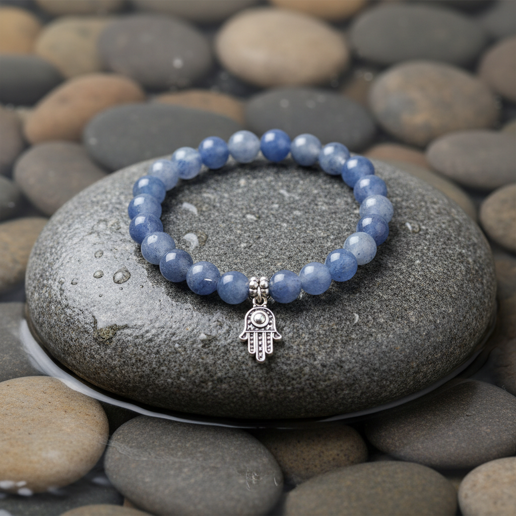 Blue Aventurine Hamsa edelstenen armband close-up op grijze natte steen bij oever