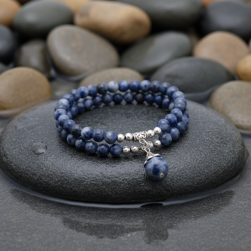 Blue Spot Ball armband variant op grijze natte steen bij oever