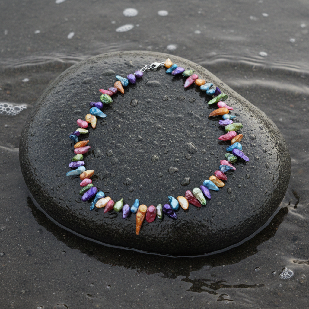 Bovenaanzicht Zoetwater parelketting Samba op natte steen