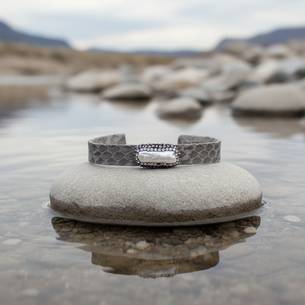 Bright Biwa Pearl Grey Leather armband aan de waterkant