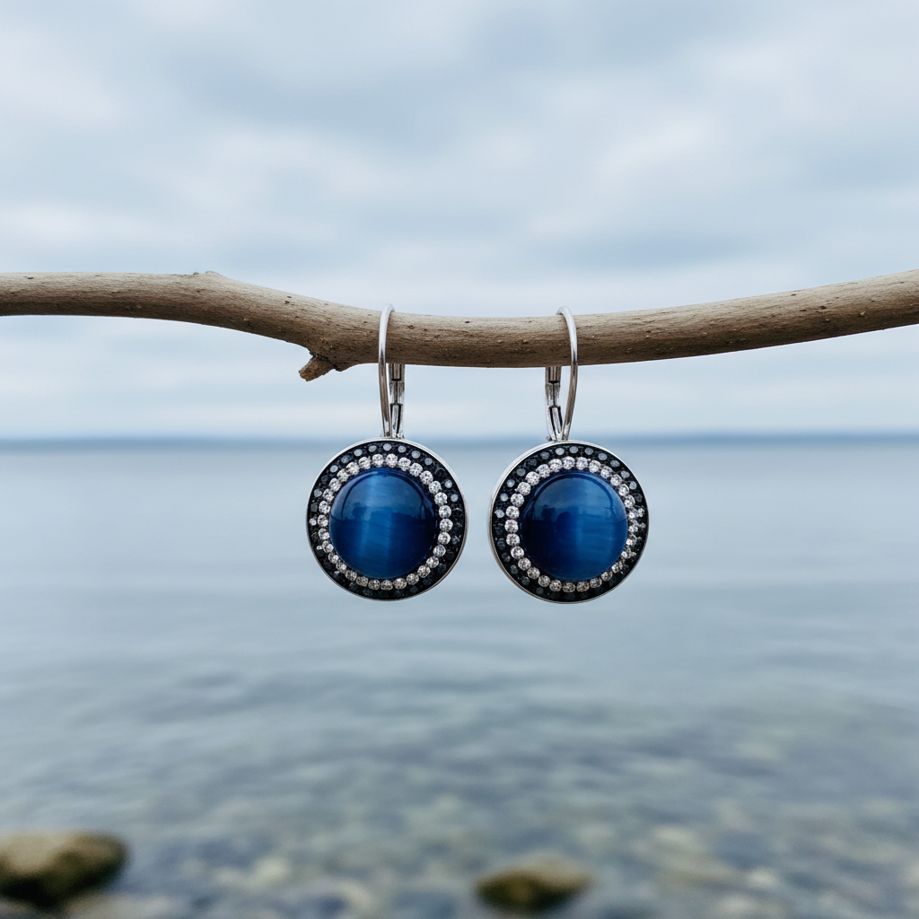 Bright Blue Tiger Eye Silver oorbellen aan takje