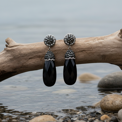 Bright Long Black Agate oorbellen op tak