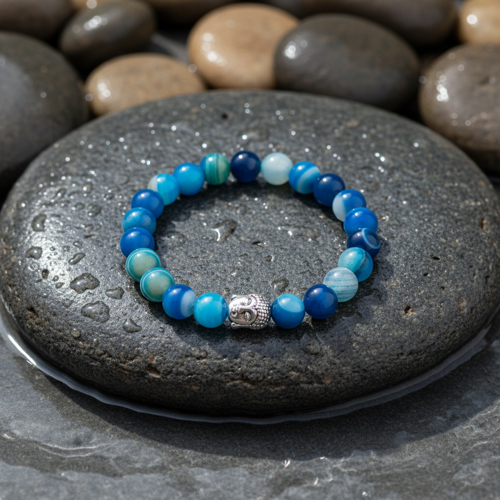 Buddha Blue Lace Agate edelstenen armband close-up op grijze natte steen bij oever