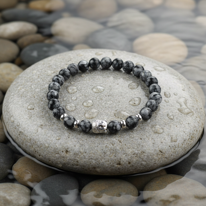 Buddha Snowflake Obsidian armband - nieuwe poging op licht grijze steen