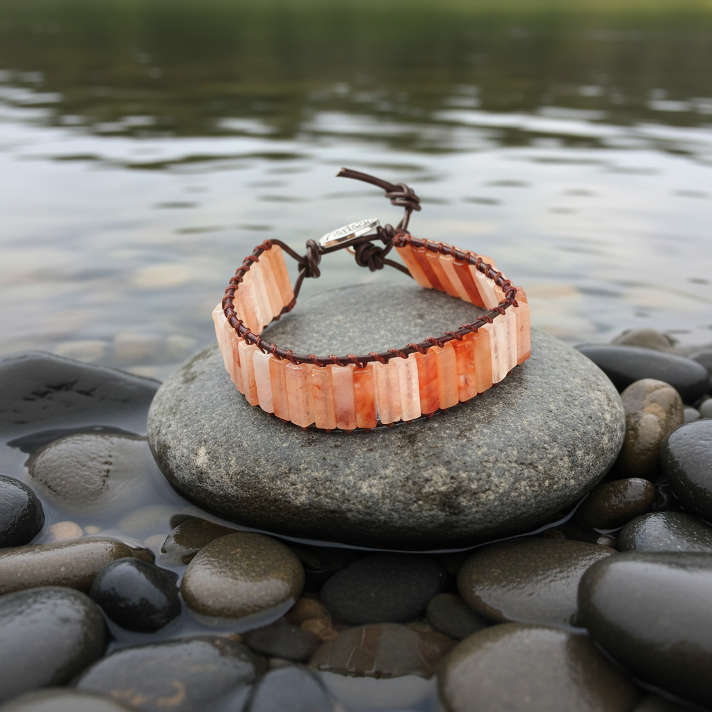Carnelian Brown Leather armband op steen met water