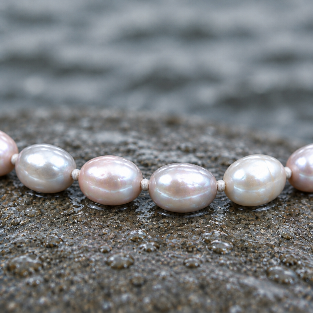 Close-up met gladde parels en kleine witte draadknoopjes tussen de parels