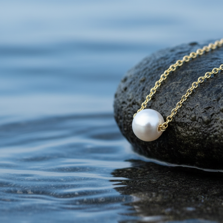Close-up zijaanzicht simpele gouden ketting met ronde witte parel kraal op donkergrijze steen bij het water