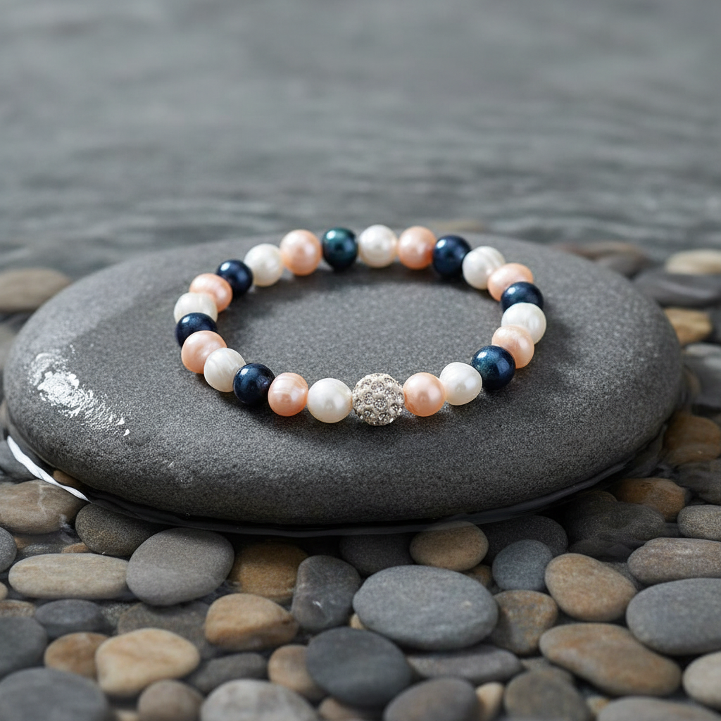 Close-up Zoetwater parel armband Ariane op steen bij water