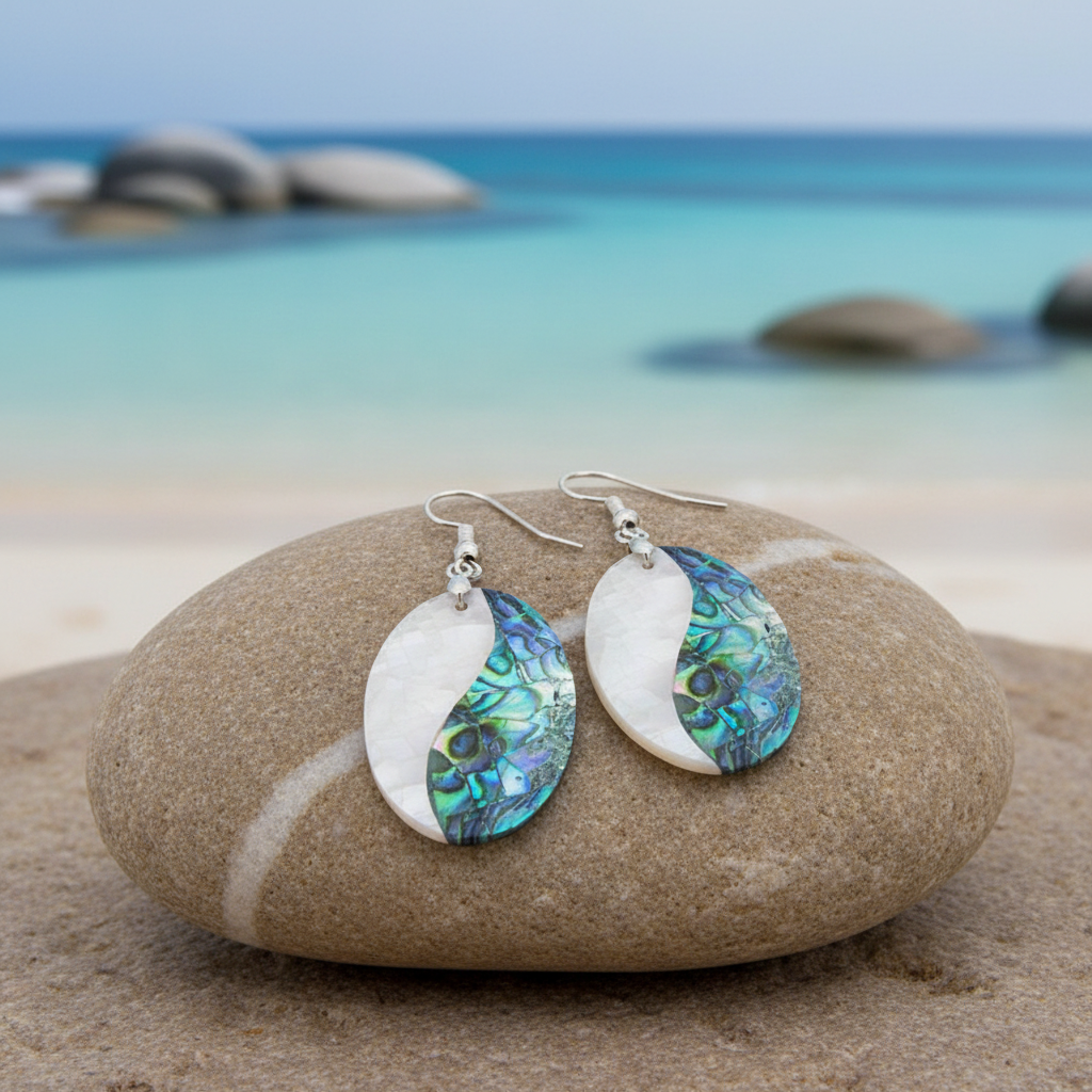 Crackle Abalone Oval oorbellen op steen - neutrale achtergrond