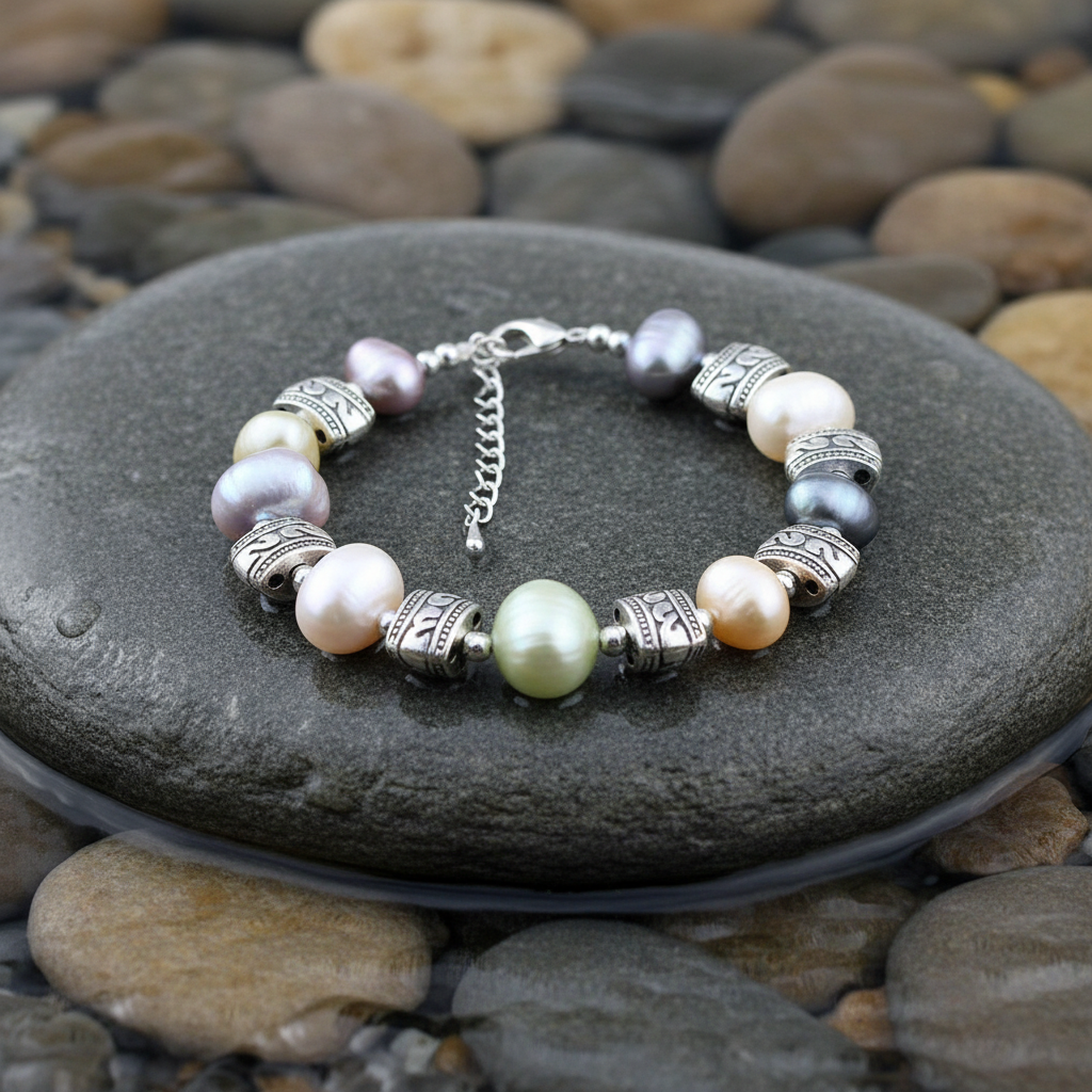 Decorative Pearl Antique Silver armband met diverse parelkleuren op grijze natte steen