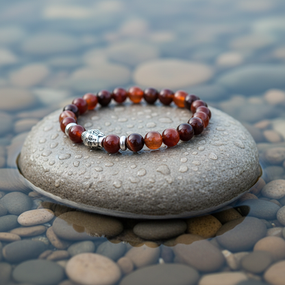 Edelstenen armband Buddha Red Lace Agate op lichte grijze steen - zijaanzicht