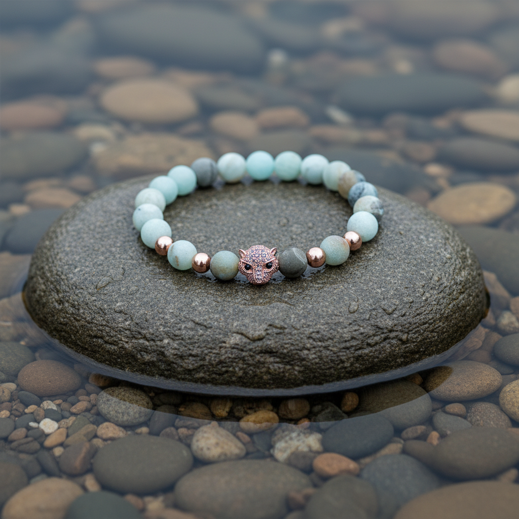 Edelstenen armband Frozen Amazonite Rose Panther op realistische grijze steen