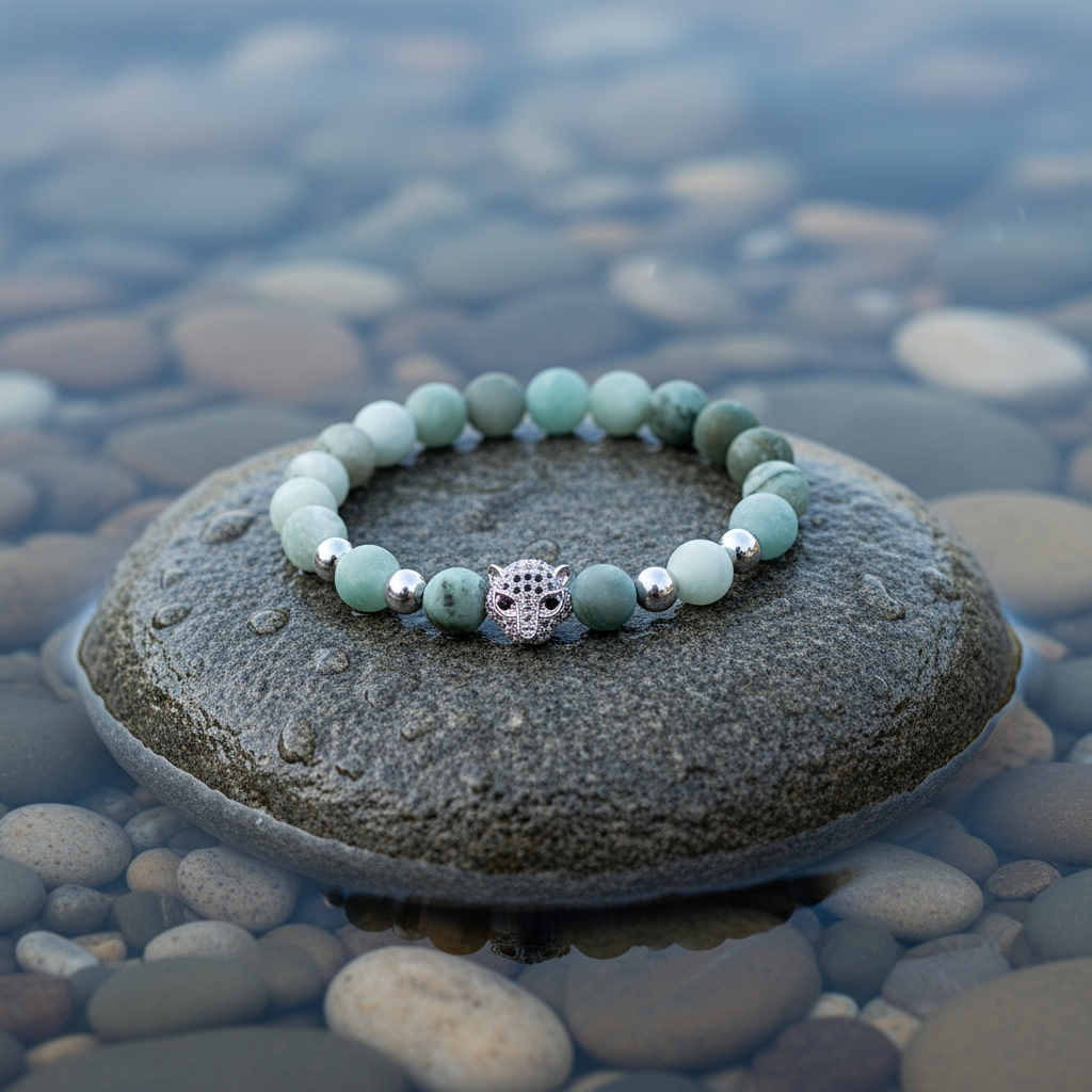 Edelstenen armband Frozen Amazonite Silver Panther op realistische grijze steen - met zwarte strass