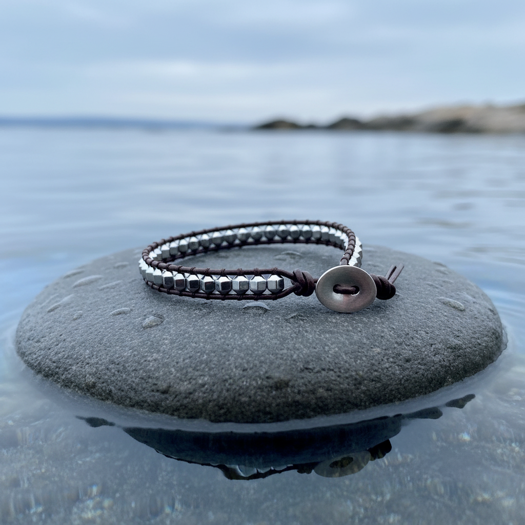 Edelstenen armband Hematite Brown Leather - close-up vooraanzicht met correct slotje