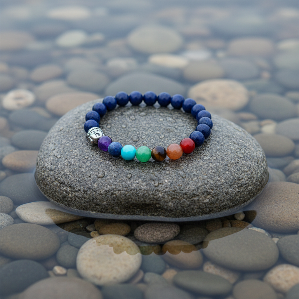 Edelstenen armband Lapis Lazuli Silver Buddha Gemstones op realistische grijze steen