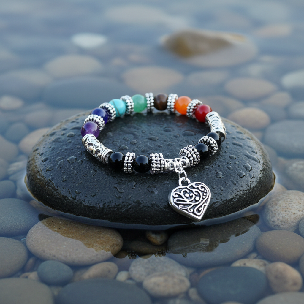 Edelstenen armband Mix Gemstone Heart op donkere grijze steen