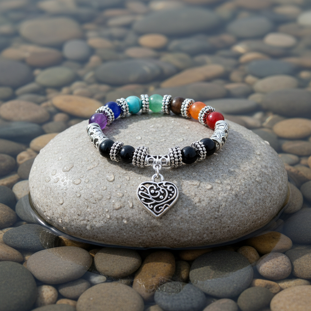 Edelstenen armband Mix Gemstone Heart op lichte grijze steen