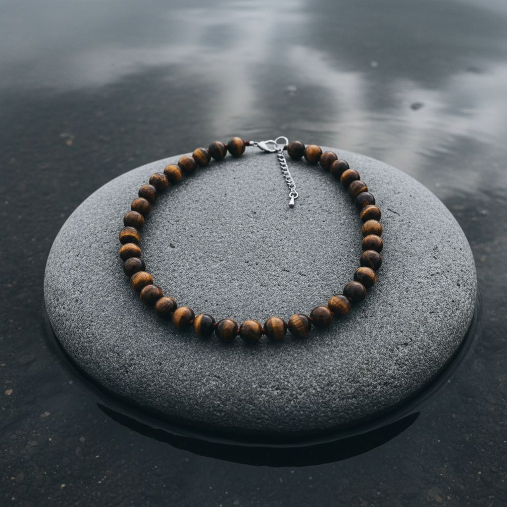 Edelstenen ketting Tiger Eye Ball - close-up bovenaanzicht