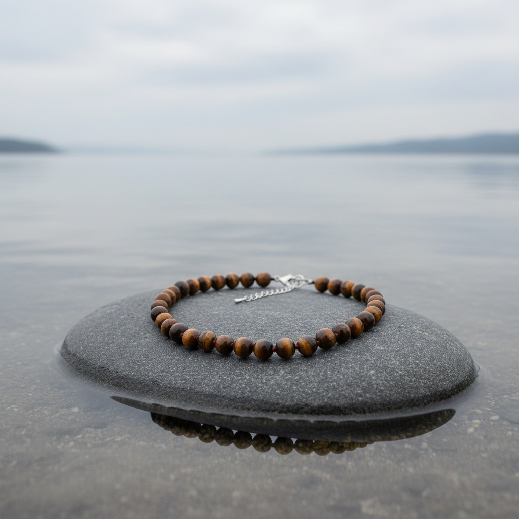 Edelstenen ketting Tiger Eye Ball op platte steen aan het water
