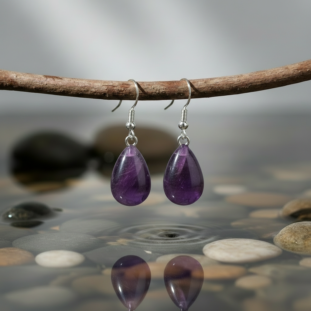 Edelstenen oorbellen Amethyst Drop close-up