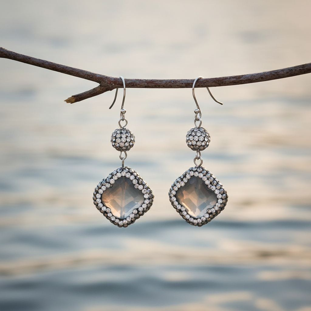 Edelstenen oorbellen Bright Grey Agate Four-leaf Clover aan takje