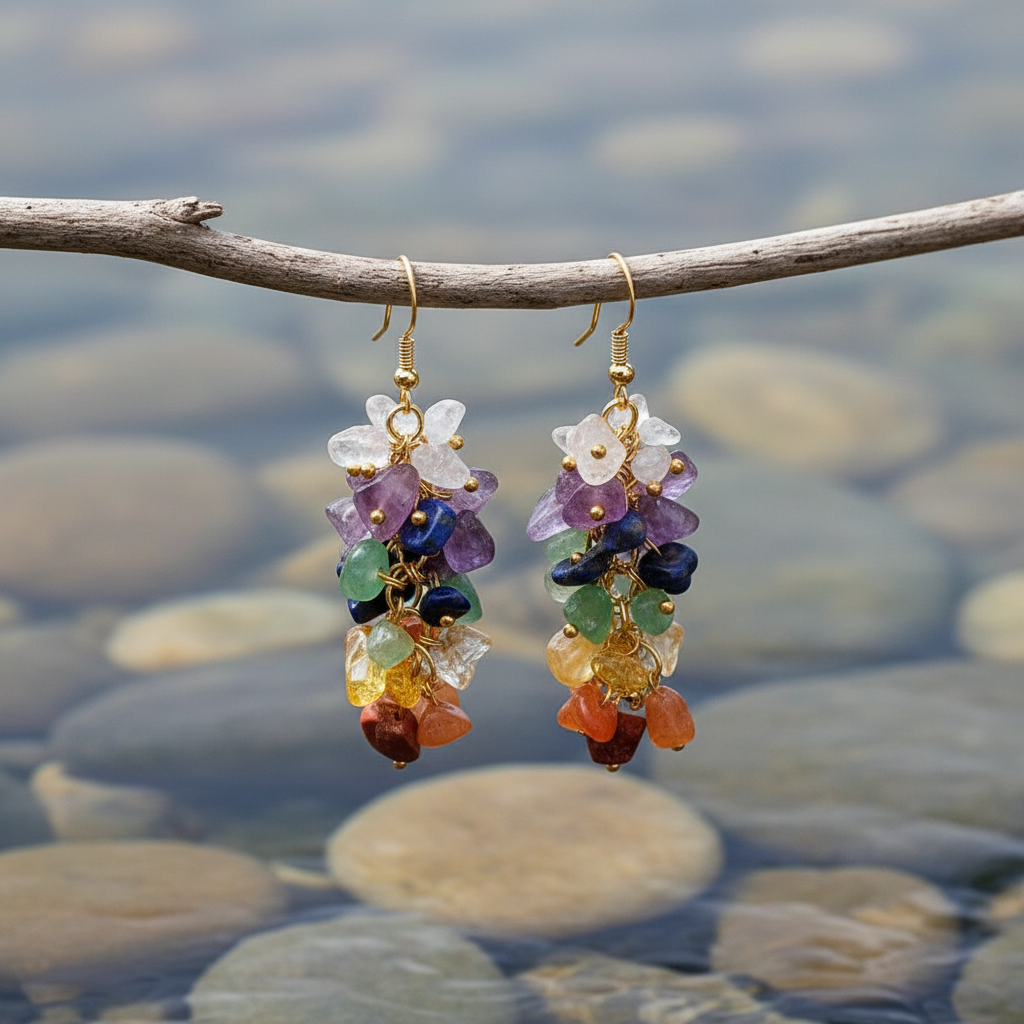 Edelstenen oorbellen Gemstone Chips Gold aan takje