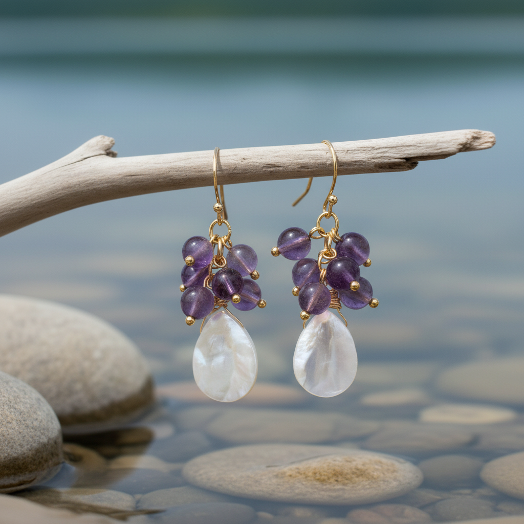 Edelstenen oorbellen met parelmoer Abella Amethyst aan takje