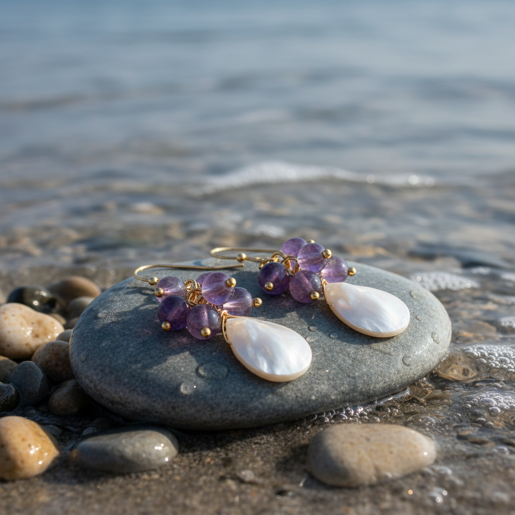 Edelstenen oorbellen met parelmoer Abella Amethyst op steen - variant