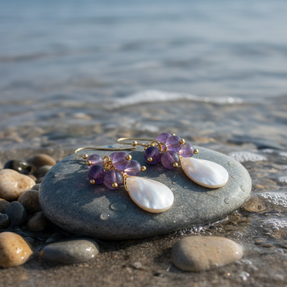 Edelstenen oorbellen met parelmoer Abella Amethyst op steen - variant