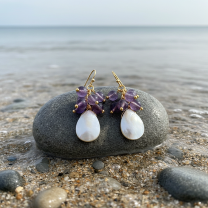 Edelstenen oorbellen met parelmoer Abella Amethyst op steen