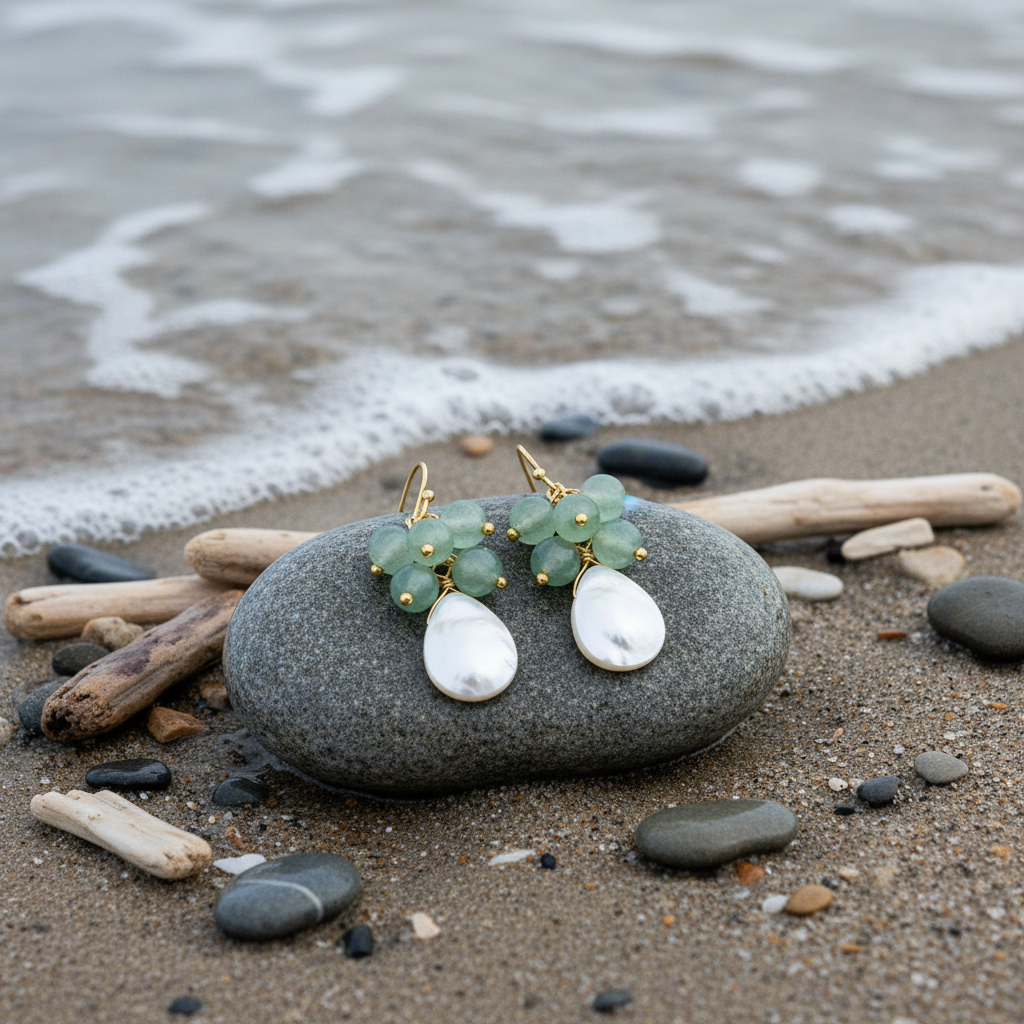 Edelstenen oorbellen met parelmoer Abella Green Aventurine op steen - variant achtergrond