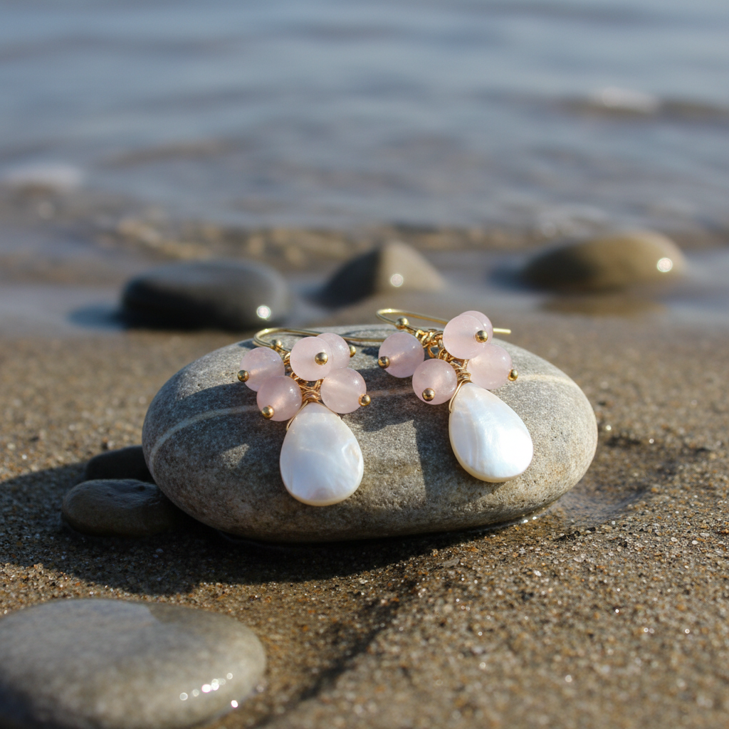 Edelstenen oorbellen met parelmoer Abella Rose Quartz op steen