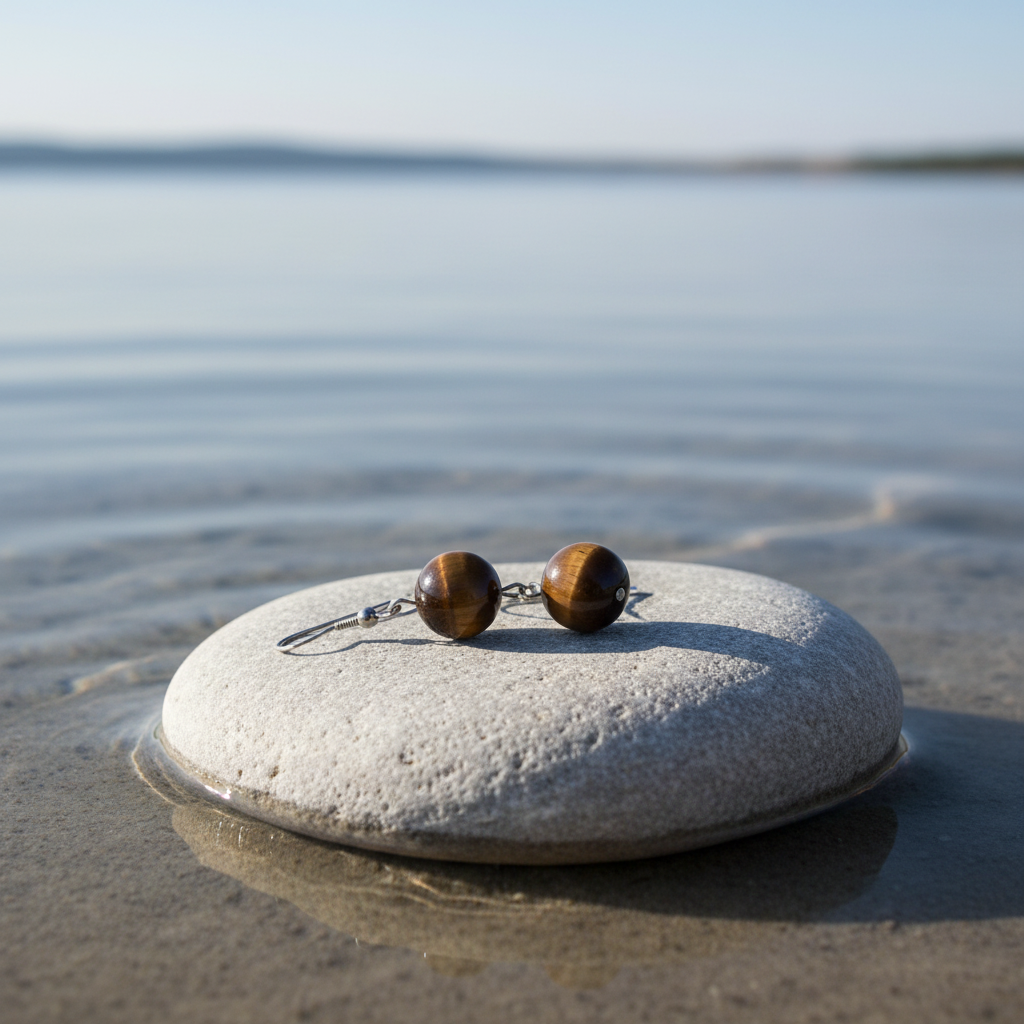 Edelstenen oorbellen op steen met water achtergrond