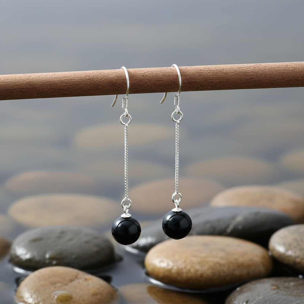 Edelstenen oorbellen Silver Dangling Black Agate aan takje