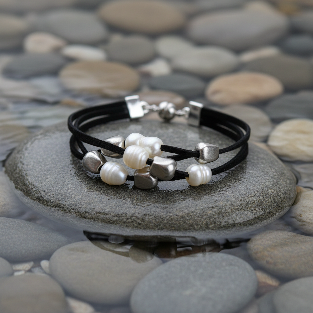 Eefke armband met alle 4 parels zichtbaar op steen bij oever