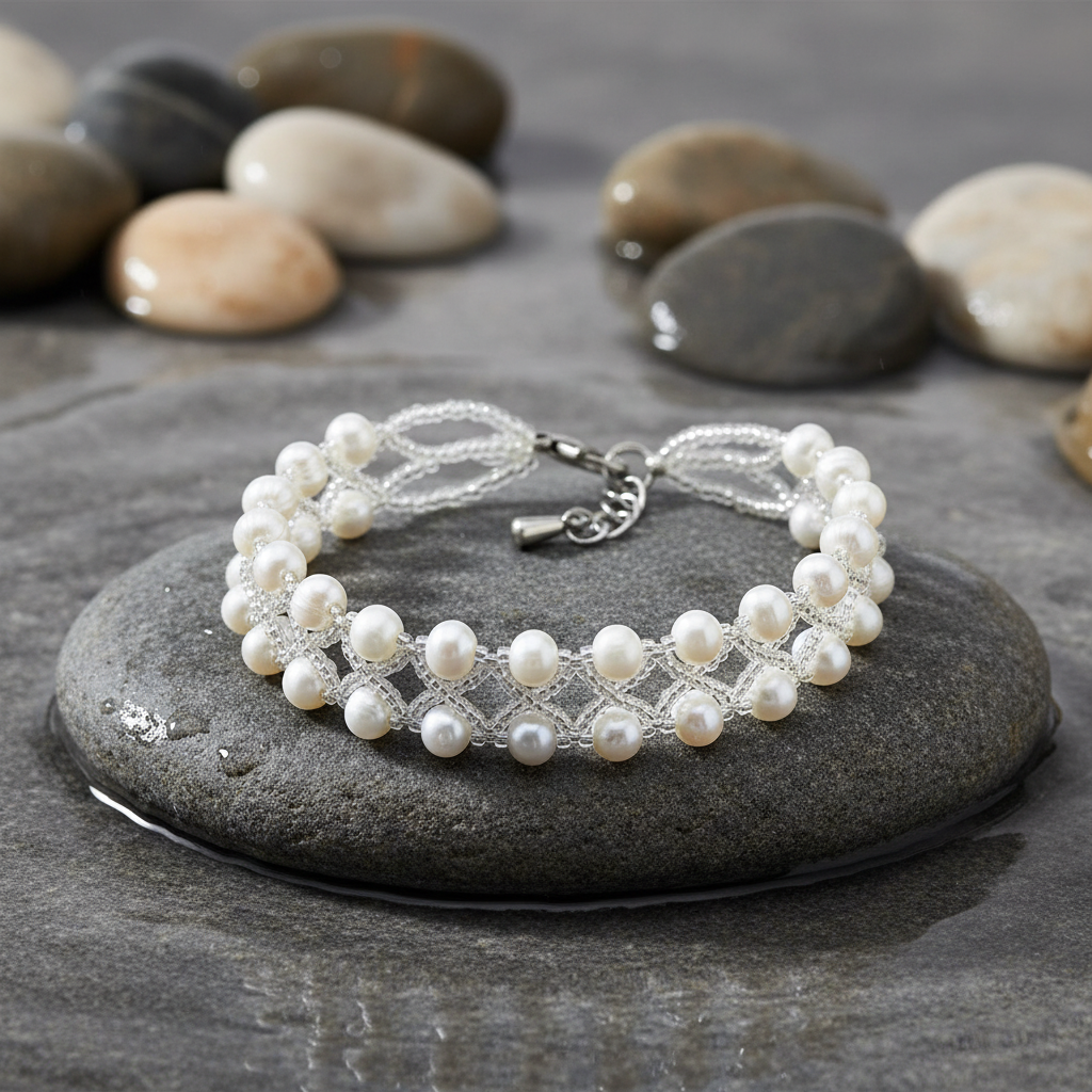 Elisabeth II parel armband met slotje op grijze natte steen