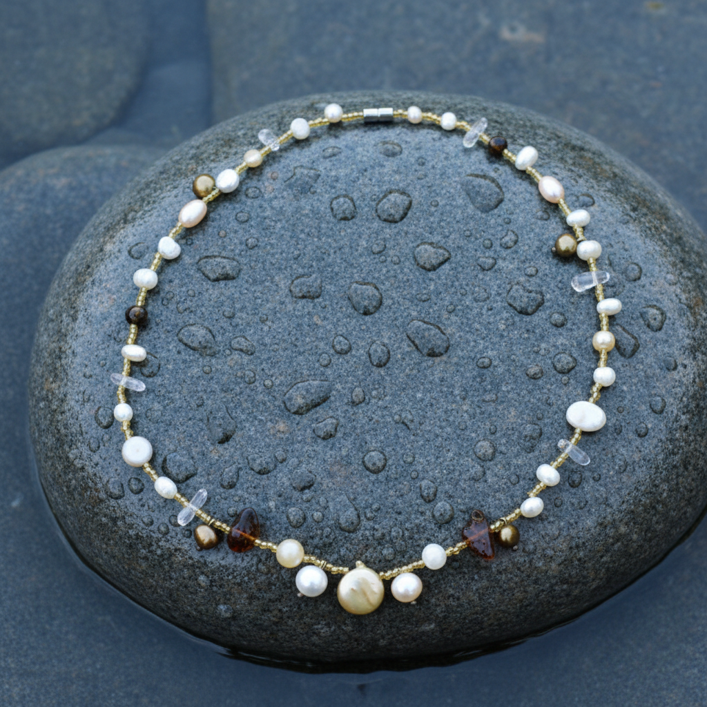 Zoetwater parelketting met citrien, bergkristal en magneetslotje liggend op steen | Fini
