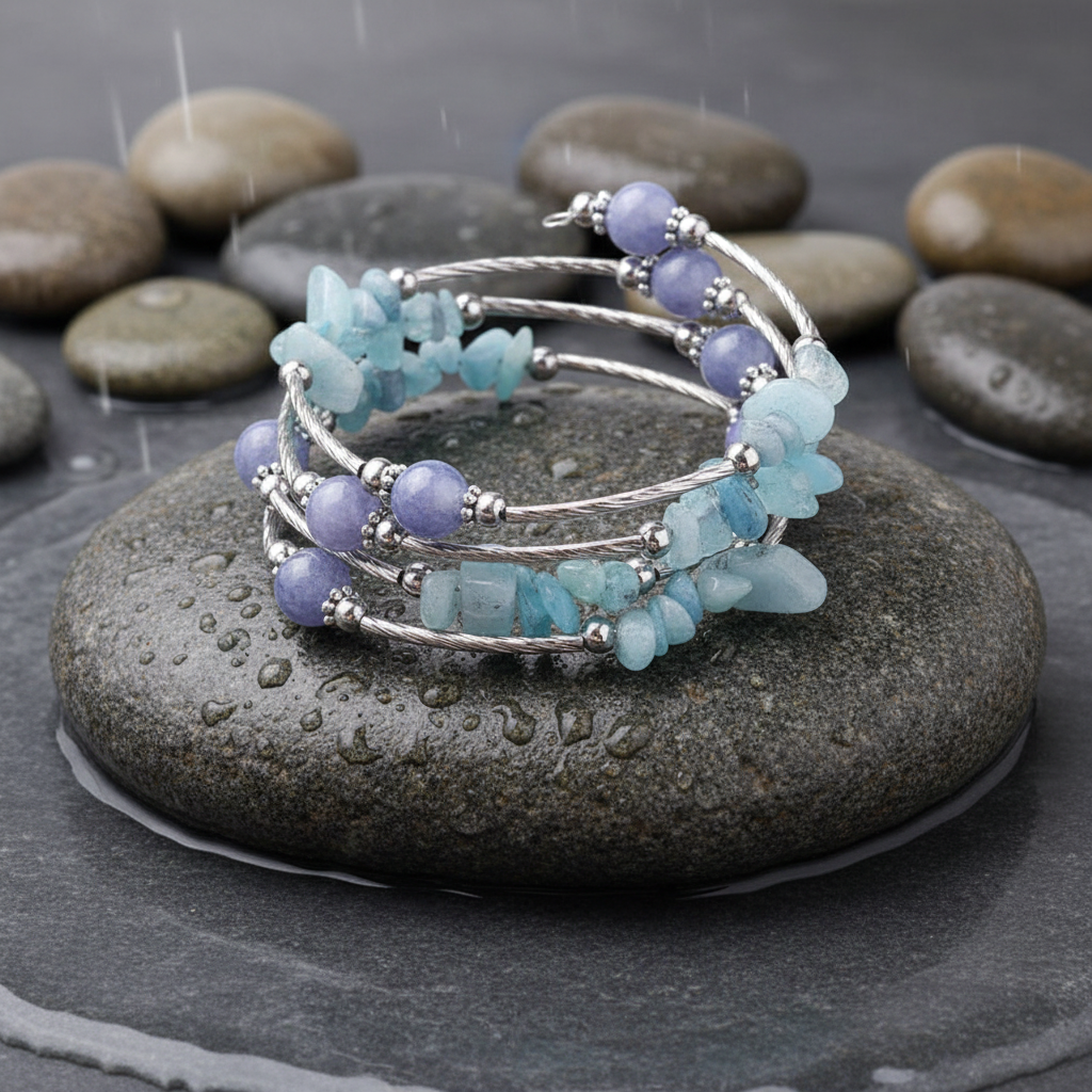Four Loops Wrap Blue Gemstones edelstenen wikkelarmband close-up op grijze natte steen bij oever